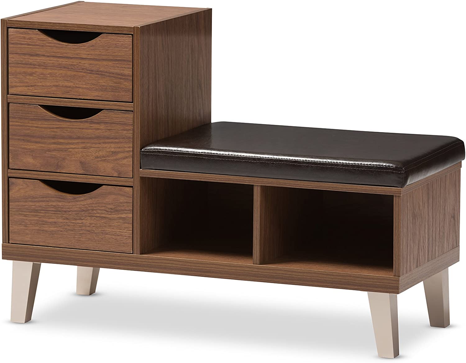 Baxton Studio Jaime Walnut Wood 3-Drawer Shoe Storage Padded Leatherette Seating Bench with Two Open Shelves