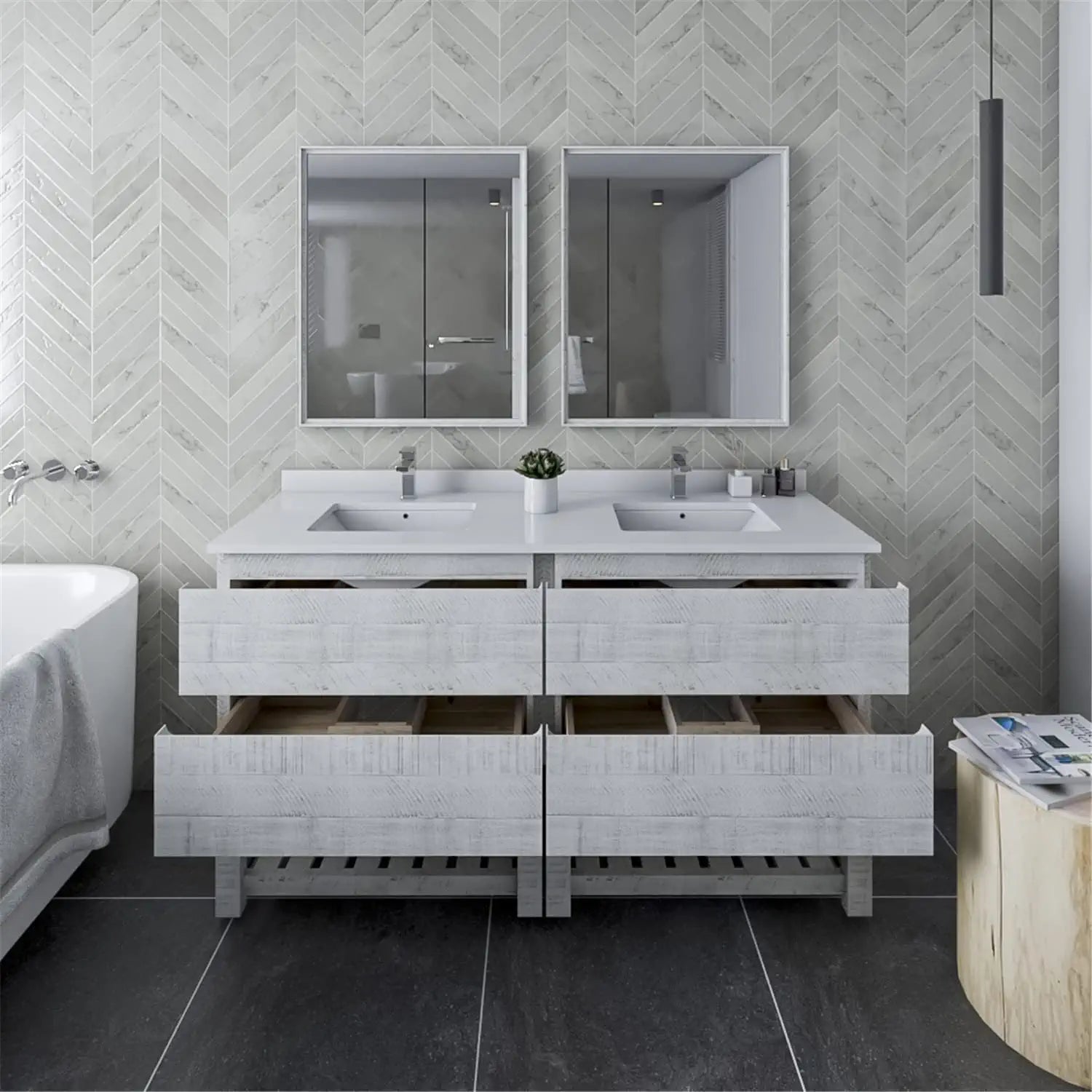 Fresca Formosa 60&#34; Floor Standing Double Sink Modern Bathroom Vanity w/Open Bottom &amp; Mirrors in Rustic White