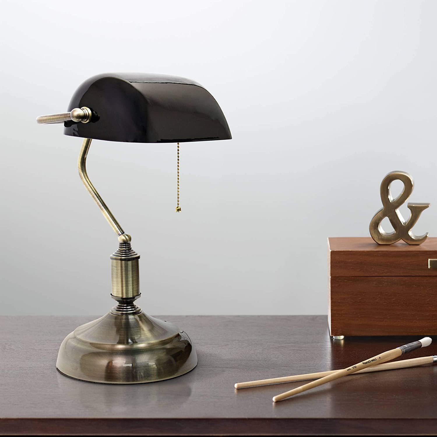 Simple Designs LT3216-BLK Executive Banker's Glass Shade, Desk Lamp, Antique Nickel/Black