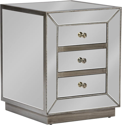 Baxton Studio Currin Contemporary Mirrored 3-Drawer Nightstand, Large