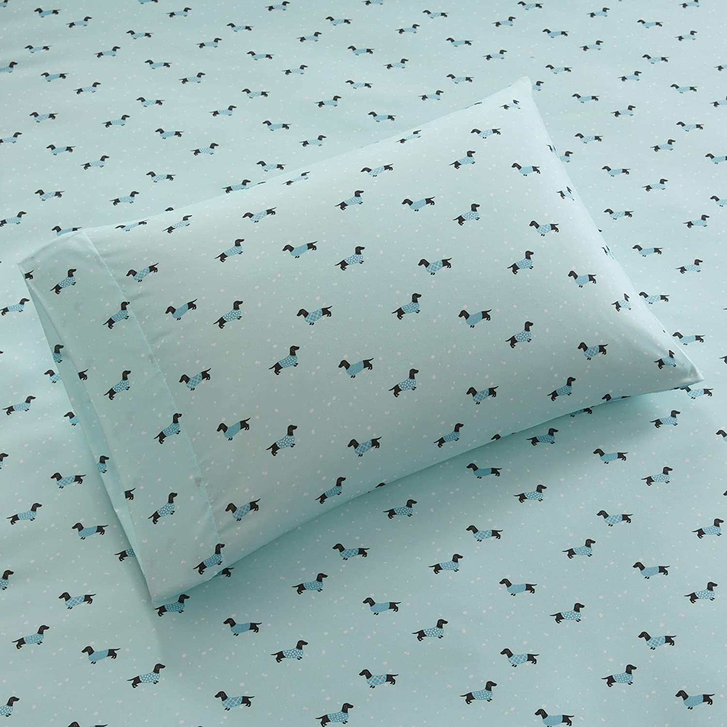 Intelligent Design Microfiber Wrinkle Resistant, Soft Sheets with 12" Pocket Modern, All Season, Cozy Bedding-Set, Matching Pillow Case, Twin XL, Novelty Aqua Dogs