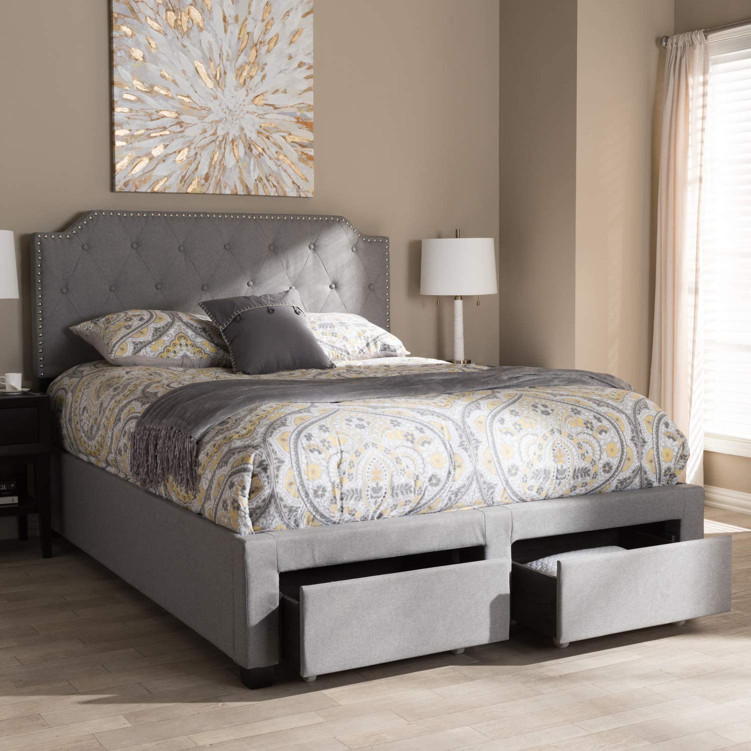 Baxton Studio Aubrianne Modern and Contemporary Grey Fabric Upholstered Queen Storage Bed Grey/Queen//Contemporary/Fabric Polyester 100%&#34;/Rubber Wood/MDF/Foam