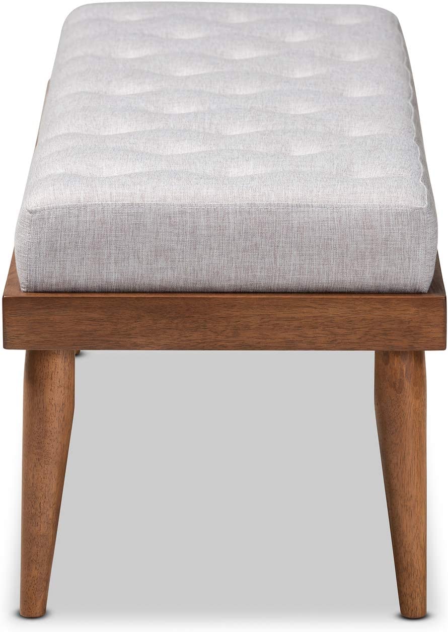 Baxton Studio Linus Mid-Century Modern Greyish Beige Fabric Upholstered and Button Tufted Wood Bench