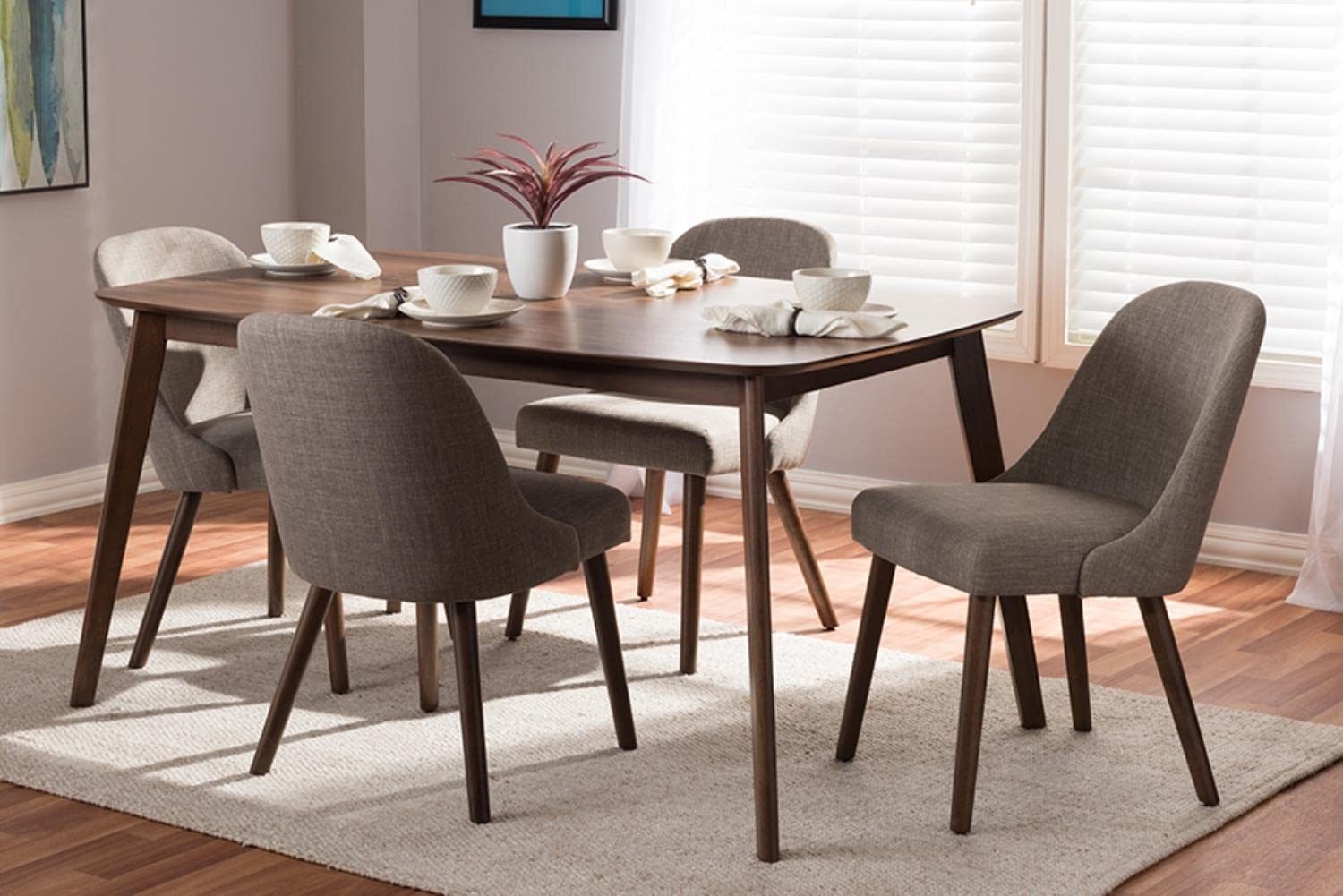 Baxton Studio Cody Mid-Century Modern Light Grey Fabric Upholstered Walnut Finished Wood 5-Piece Dining Set Grey//Medium Wood/Mid-Century/Table/Fabric Polyester 100%&#34;/Rubber Wood/Foam