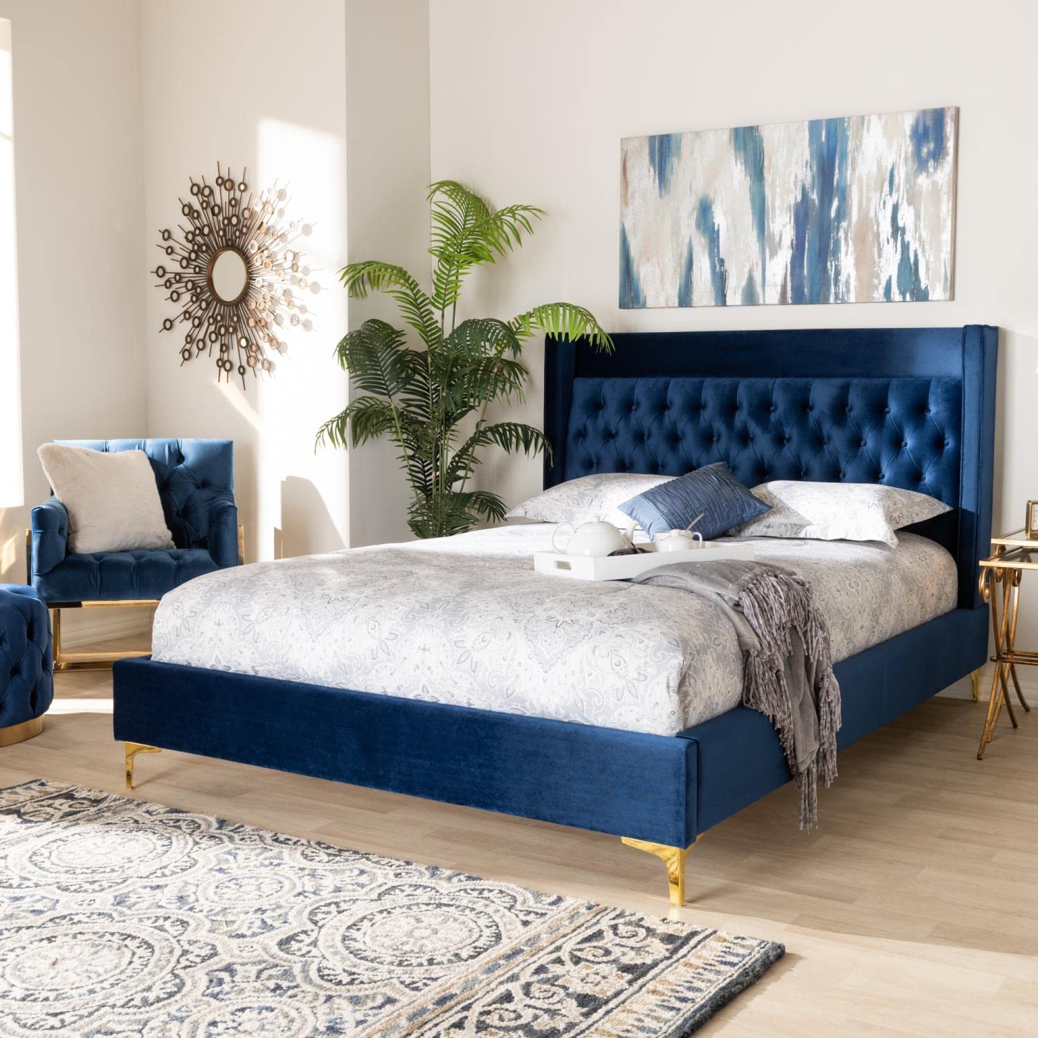 Baxton Studio Valery Modern and Contemporary Navy Blue Velvet Fabric Upholstered Queen Size Platform Bed with Gold-Finished Legs