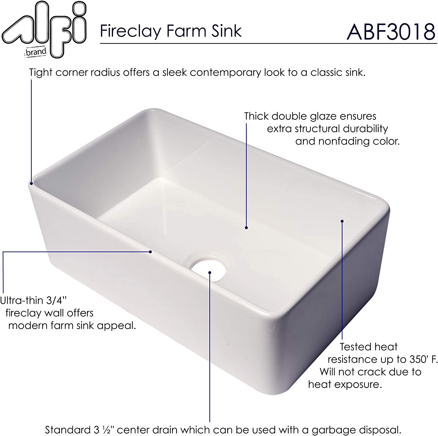 Alfi ABF3018-W Kitchen Sink, 30&#34;L x 18&#34;W x 10&#34;H, White