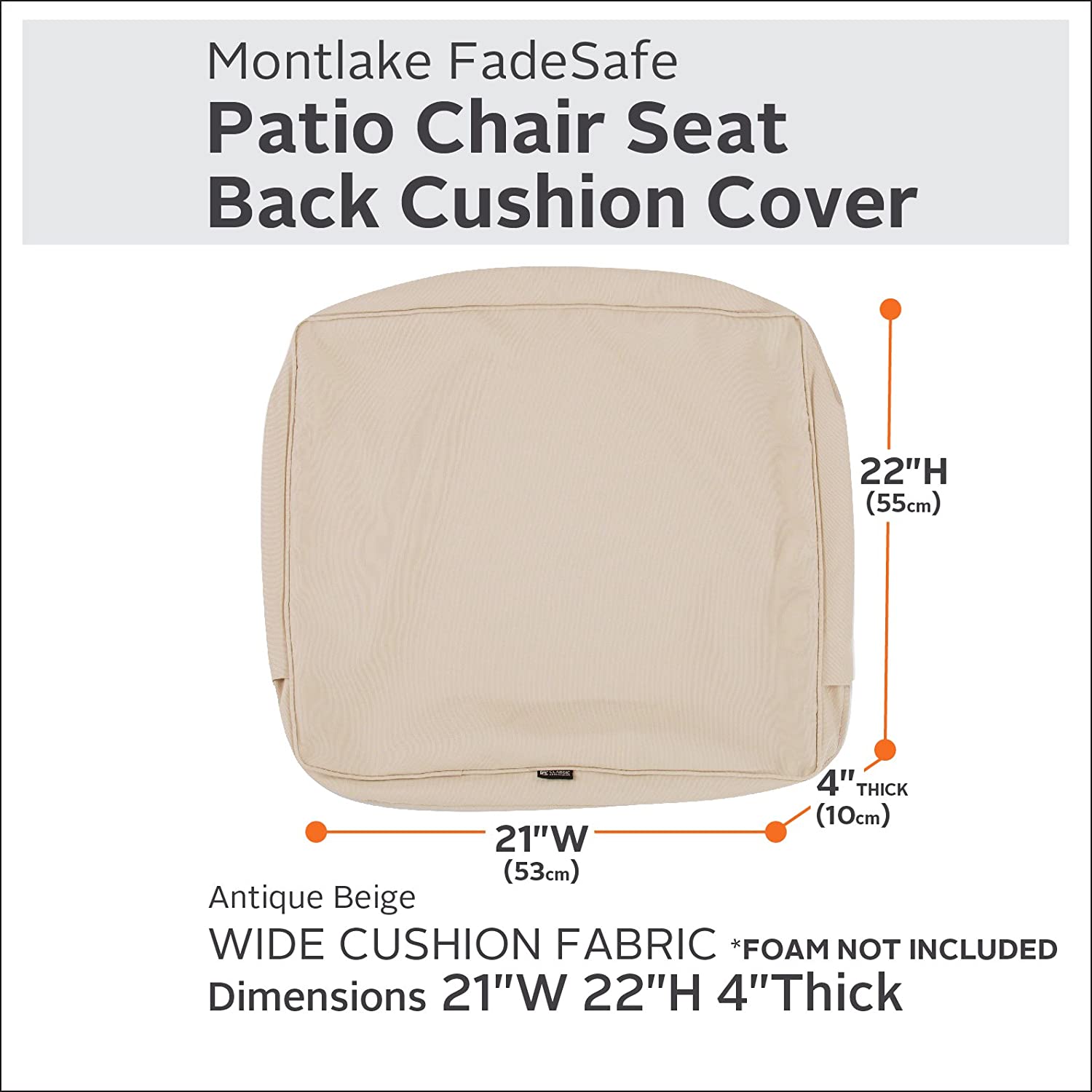 Classic Accessories Montlake Water-Resistant 21 x 22 x 4 Inch Outdoor Back Cushion Slip Cover, Patio Furniture Cushion Cover, Antique Beige