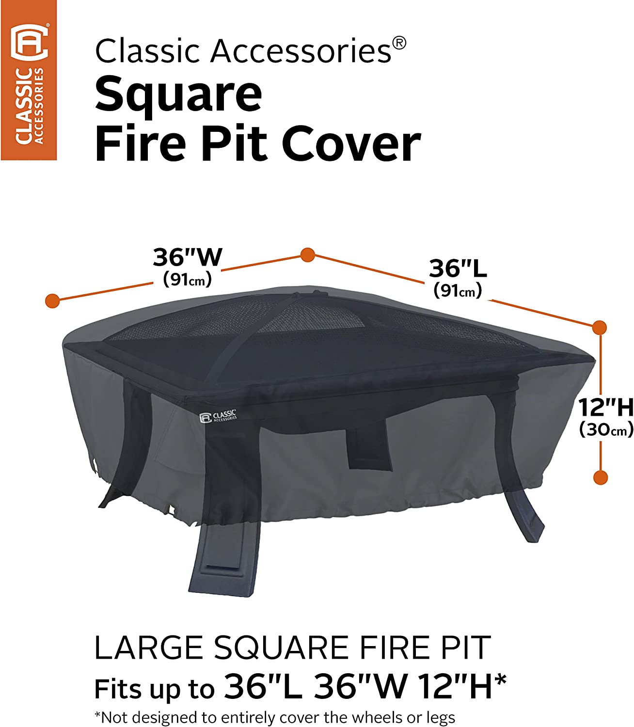 Classic Accessories Water-Resistant 36 Inch Full Coverage Square Fire Pit Cover, Patio Furniture Covers