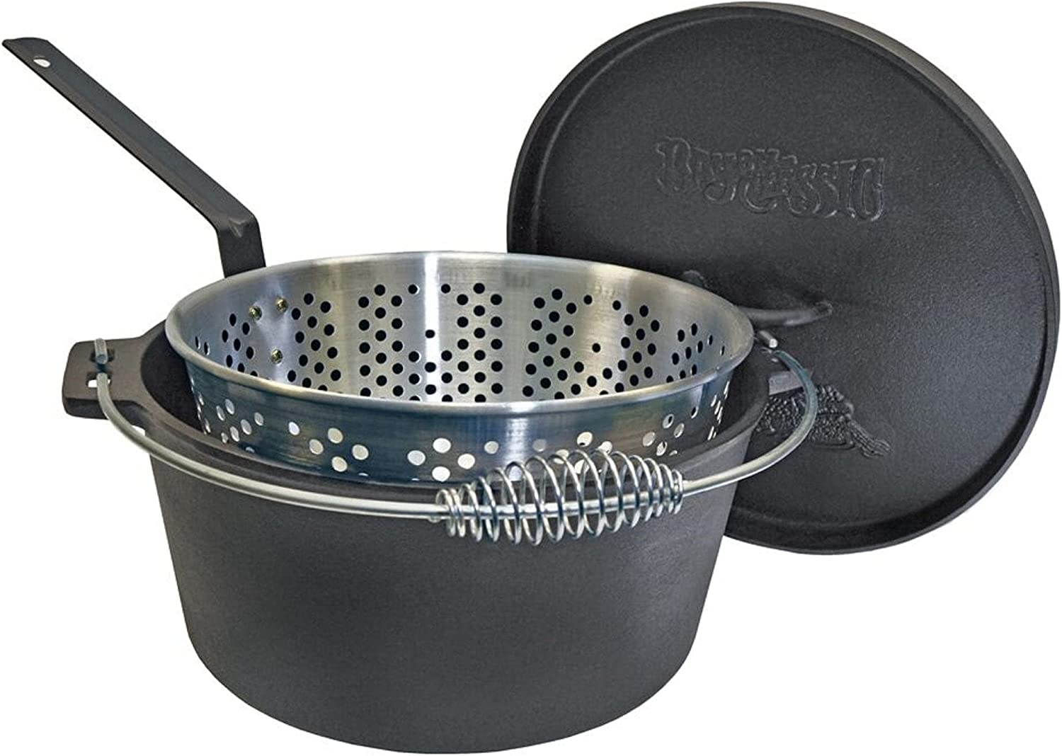 Bayou Classic 7420 20-qt Cast Iron Dutch Oven w/ Fry Basket Features Flanged Camp Lid Perforated Aluminum Basket Stainless Coil Wire Handle Grip Perfect For Frying Fish Chicken Shrimp &amp; More