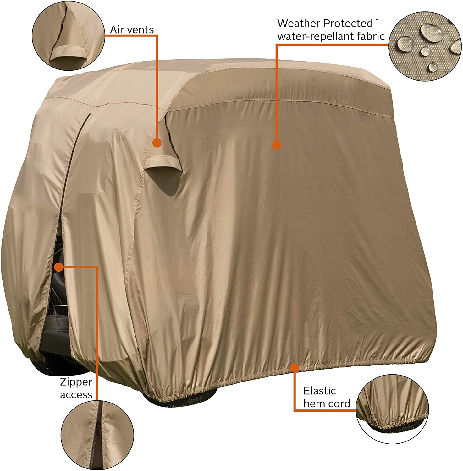 Classic Accessories Fairway Golf Cart Easy-On Cover, Tan, Fits Club Car Precedent, Yamaha Drive &amp; EZ Go