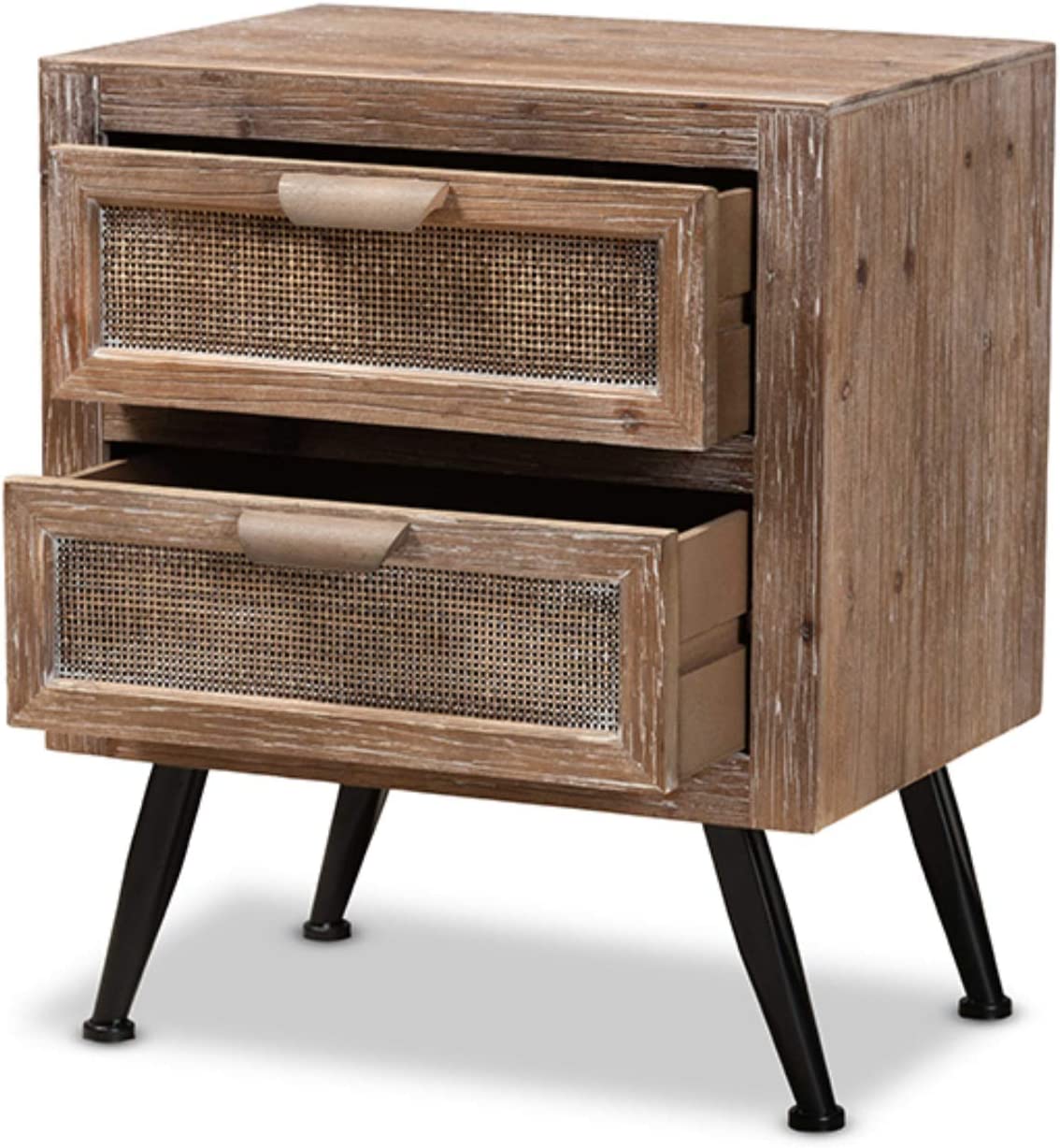 Baxton Studio Calida Mid-Century Modern Whitewashed Natural Brown Finished Wood and Rattan 2-Drawer Nightstand