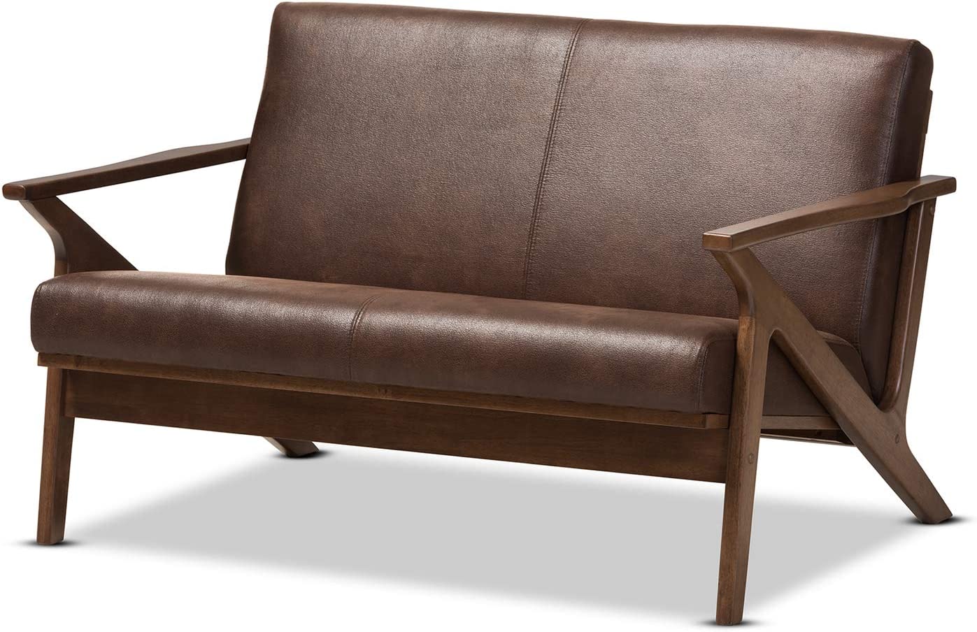 Baxton Studio Bianca Mid-Century Modern Walnut Wood Dark Brown Distressed Faux Leather 2-Seater Loveseat