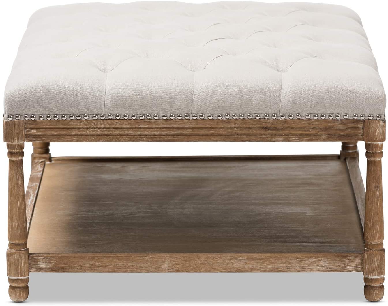 Baxton Studio Carlotta French Country Weathered Oak Beige Linen Rectangular Coffee Table Ottoman