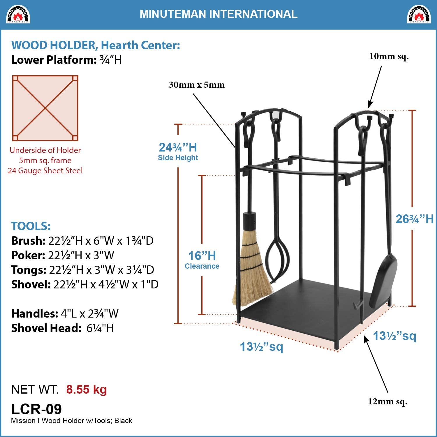 Minuteman International Mission I Wood Firewood Log Holder with Fireplace Tools, 26&#34; H, Black