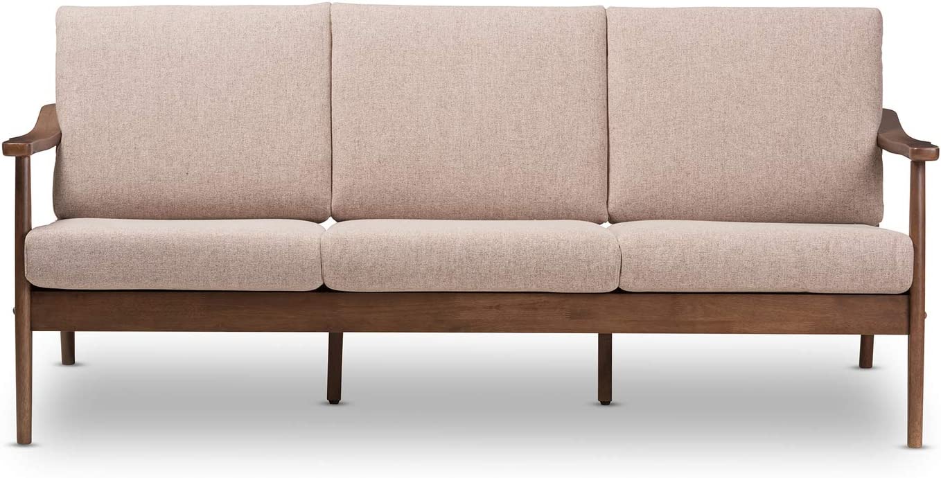 Baxton Studio Venza Mid-Century Modern Walnut Wood Light Brown Fabric Upholstered 3-Seater Sofa/Mid-Century/Fabric Polyester 100%&#34;/Rubber Wood/Light Brown/Walnut Brown