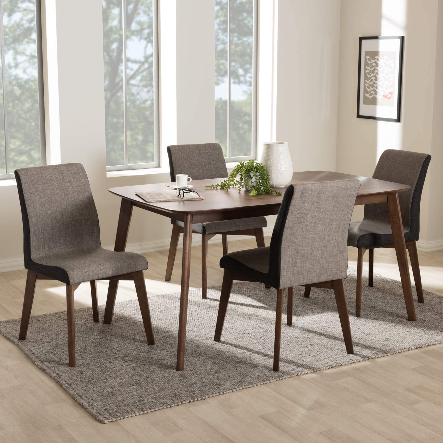 Baxton Studio Kimberly Mid-Century Modern Beige and Brown Fabric 5-Piece Dining Set