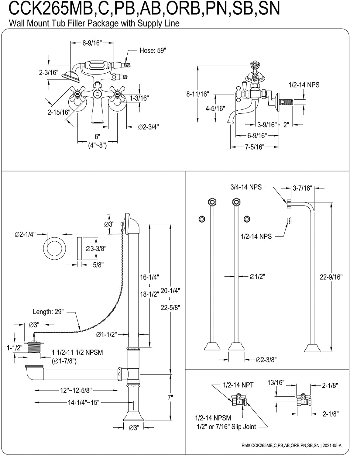 KINGSTON BRASS CCK265SN Vintage Wall Mount Clawfoot Faucet Package, Brushed Nickel