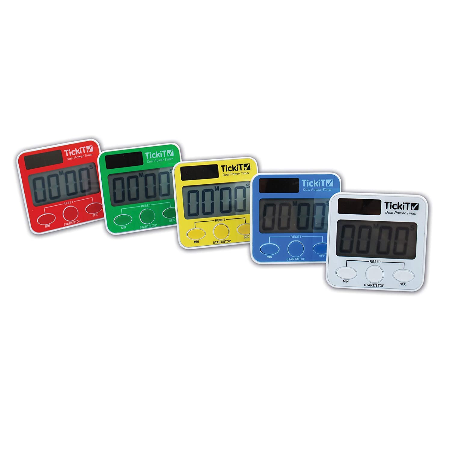 TickiT Dual Power Timers - Set of 5 - Red, Yellow, Green, Blue, White - Solar and Battery Powered Digital Timers - Includes Stand and Wall Mount Slot