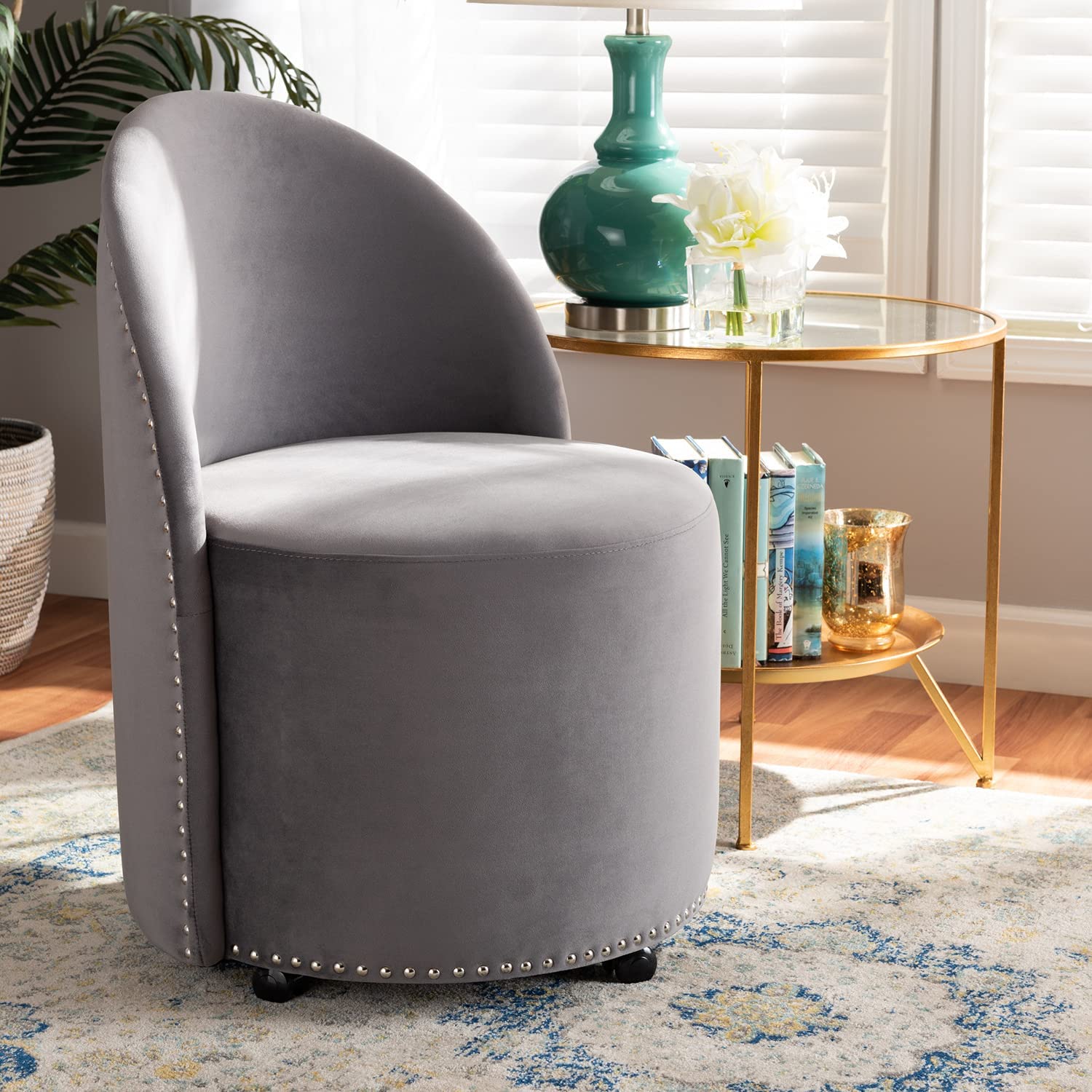 Baxton Studio Bethel Glam and Luxe Grey Velvet Fabric Upholstered Rolling Accent Chair