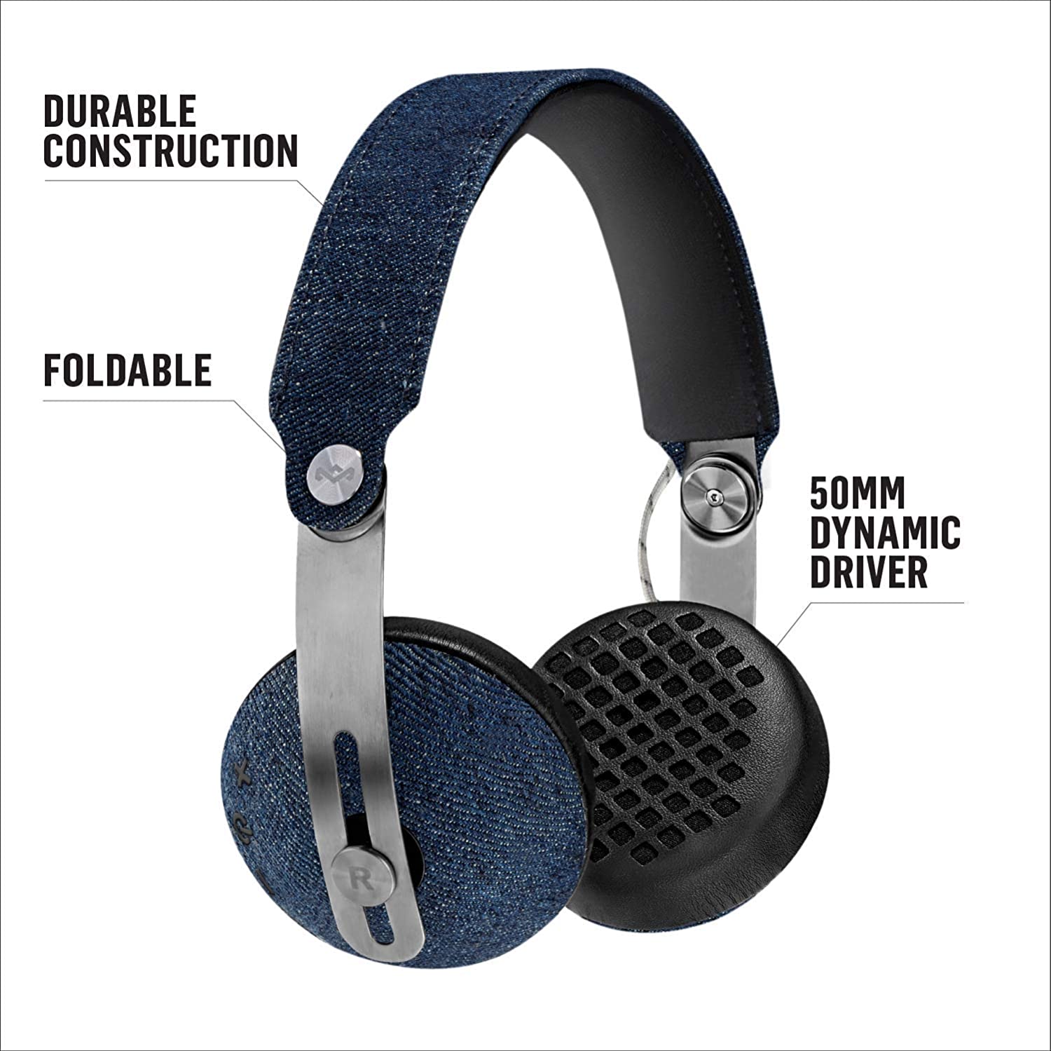 House of Marley Rise: Over-Ear Headphones with Microphone, Wireless Bluetooth Connectivity, and 12 Hours of Playtime (Denim)