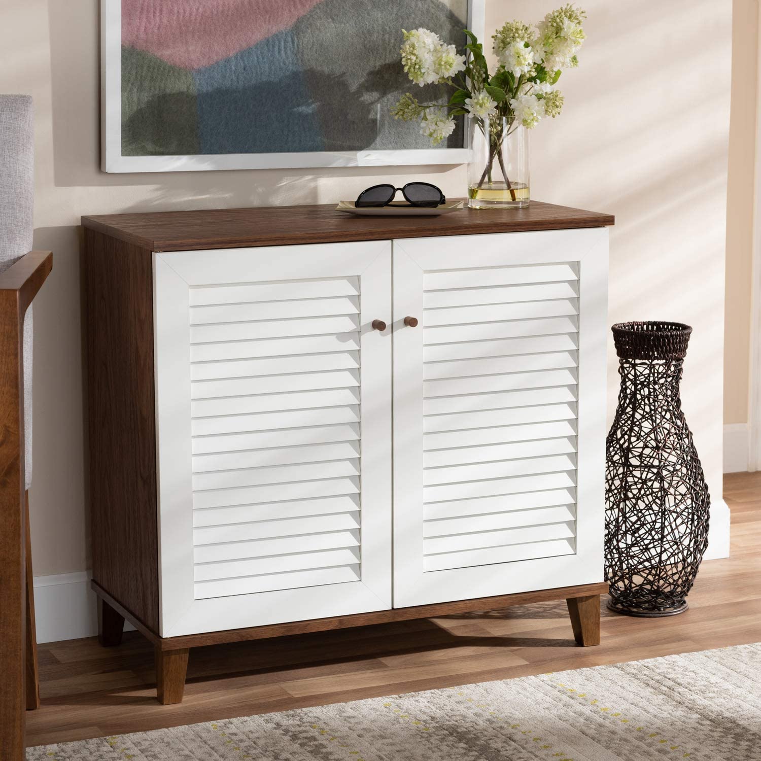 Baxton Studio Coolidge Modern and Contemporary White and Walnut Finished 4-Shelf Wood Shoe Storage Cabinet