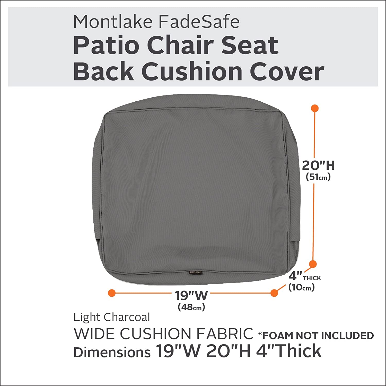 Classic Accessories Montlake Water-Resistant 19 x 20 x 4 Inch Outdoor Back Cushion Slip Cover, Patio Furniture Cushion Cover, Light Charcoal Grey, Patio Furniture Cushion Covers