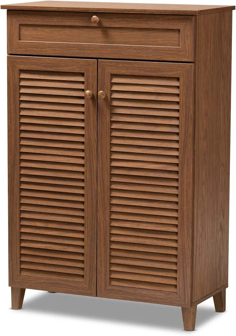 Baxton Studio Coolidge Modern and Contemporary Walnut Finished 5-Shelf Wood Shoe Storage Cabinet with Drawer
