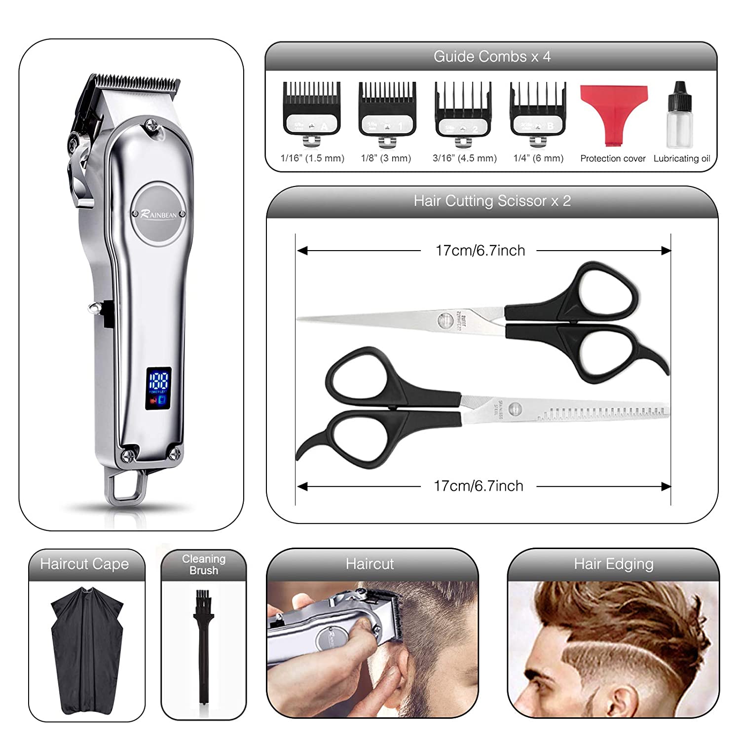 RAINBEAN Men Hair Trimmer 3 in 1 IPX7 Waterproof Beard Trimmer Grooming Kit Cordless Hair Clipper for Men &amp; Children LED Display USB Rechargeable