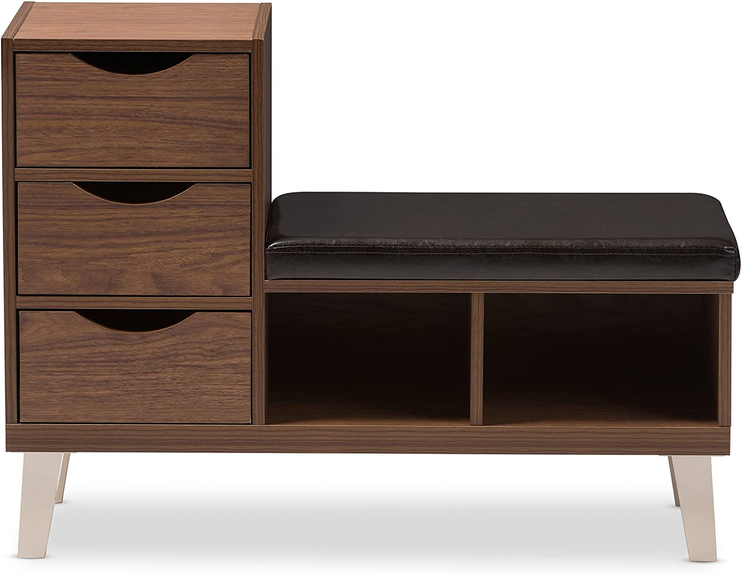 Baxton Studio Jaime Walnut Wood 3-Drawer Shoe Storage Padded Leatherette Seating Bench with Two Open Shelves