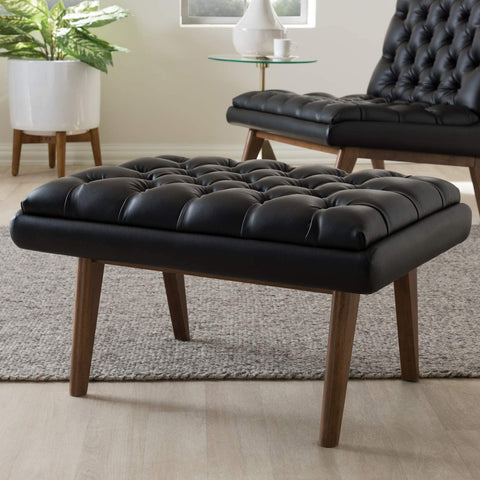 Baxton Studio Annetha Mid-Century Modern Black Faux Leather Upholstered Walnut Finished Wood Ottoman/Mid-Century/Black/Medium Wood/Faux Leather/Rubber Wood/Foam