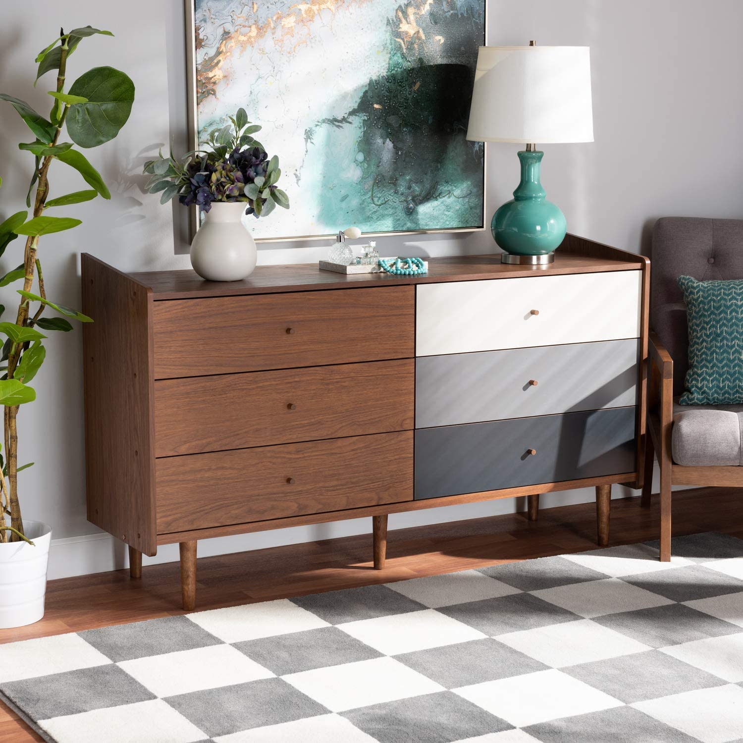 Baxton Studio Halden Mid-Century Modern Multicolor Walnut Brown and Grey Gradient Finished Wood 6-Drawer Dresser