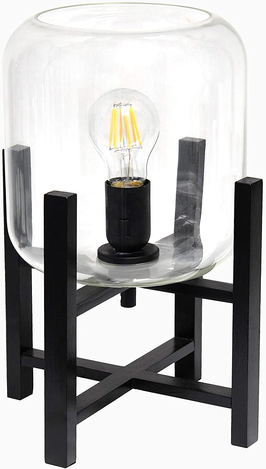 Simple Designs LT1068-CLR Wood Mounted Glass Cylinder Shade Table Lamp, Black/Clear