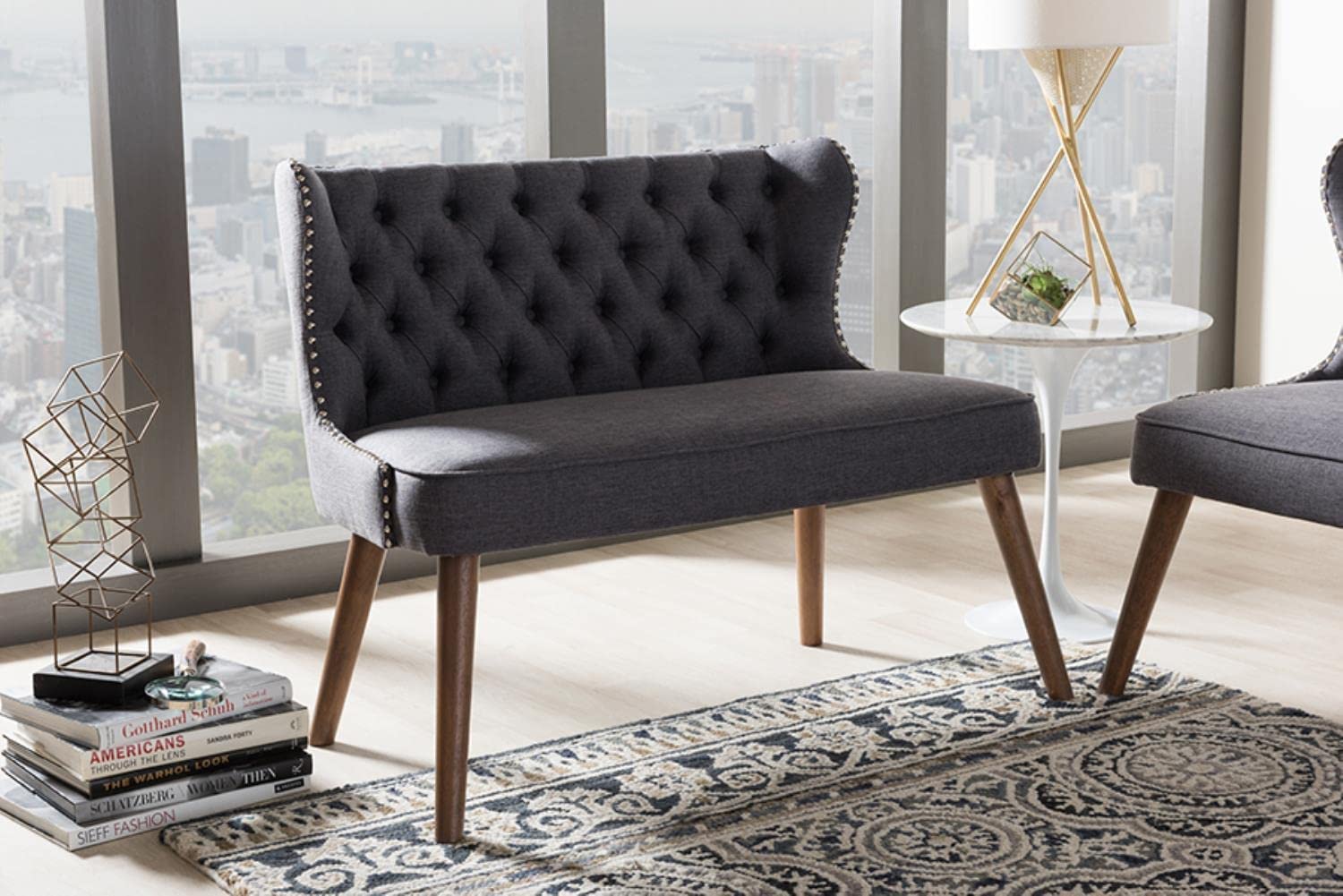 Baxton Studio Scarlett Mid-Century Modern Brown Wood and Dark Grey Fabric Upholstered Button-Tufting with Nail Heads Trim 2-Seater Loveseat Settee