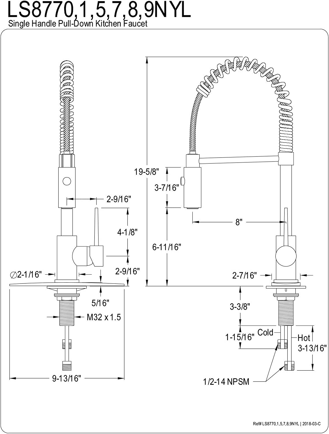 Kingston Brass LS8777NYL New York Pre-Rinse Kitchen Faucet, Matte Black/Polished Chrome