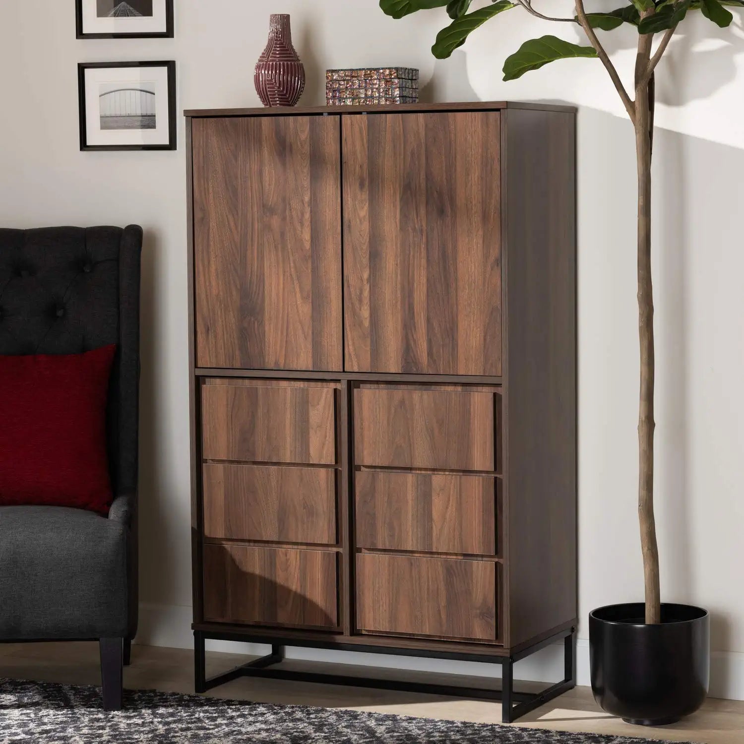 Baxton Studio Neil Modern and Contemporary Walnut Brown Finished Wood and Black Finished Metal Multipurpose Storage Cabinet