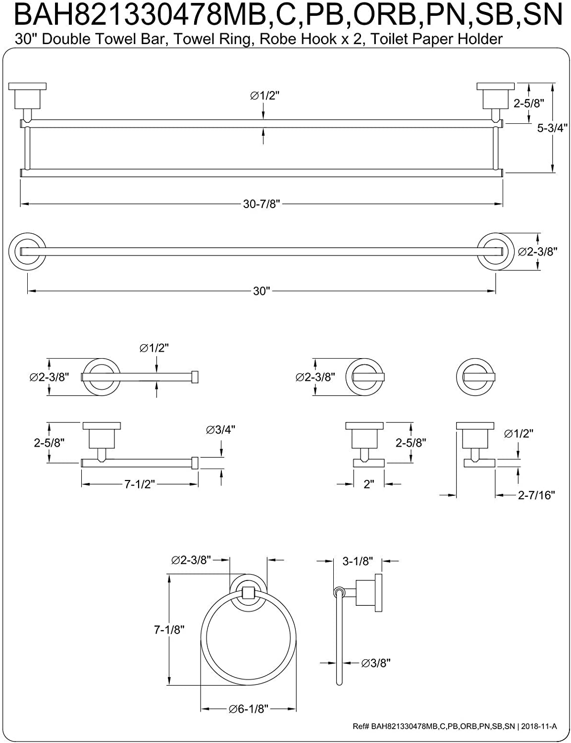 Kingston Brass BAH821330478MB Concord Bathroom Hardware Set, Matte Black