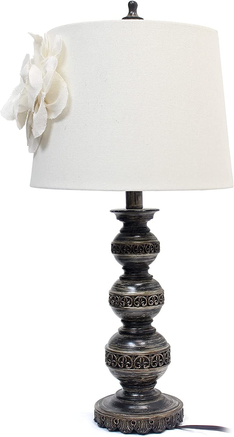 Elegant Designs LT3097-WHT Stacked Ball Lamp with Couture Linen Flower Shade, Aged Bronze