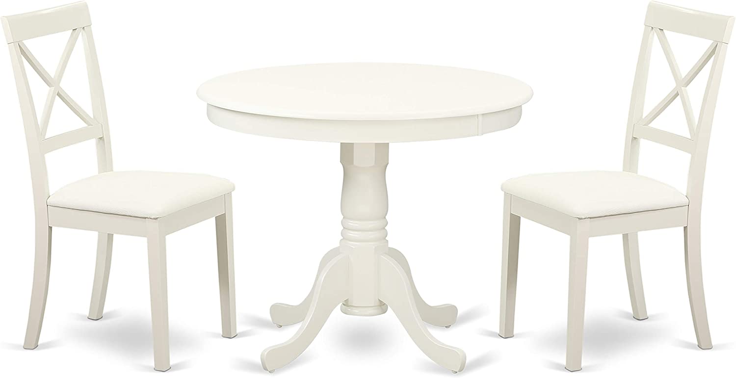 East-West Furniture Modern Dining Table Set- 2 Excellent Kitchen Chairs - A Beautiful Round Kitchen Table- Faux Leather Seat and Linen White Finnish Pedestal Dining Table