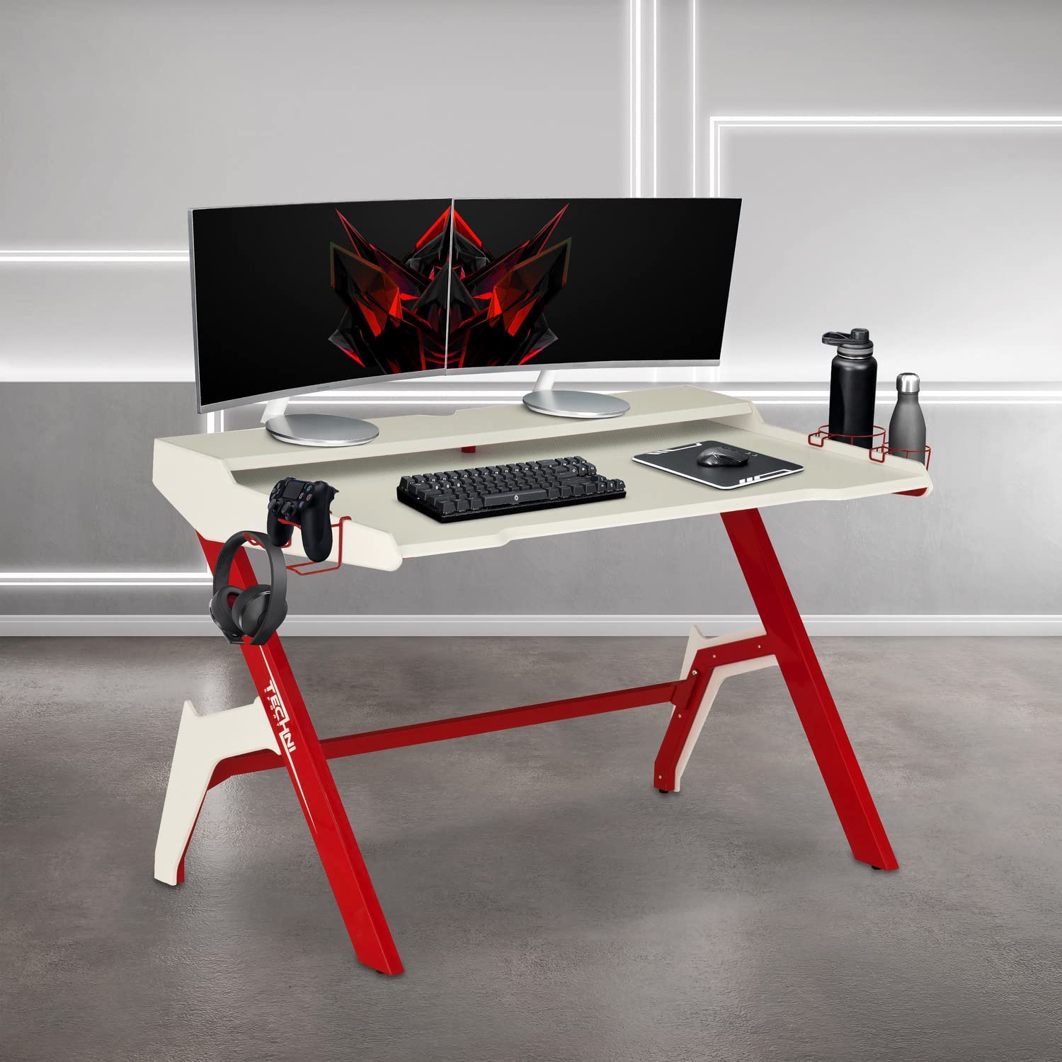 Techni Sport Computer Gaming Desk with Cupholder and Headphone Hook, Small Laptop Table for Home and Office, Red
