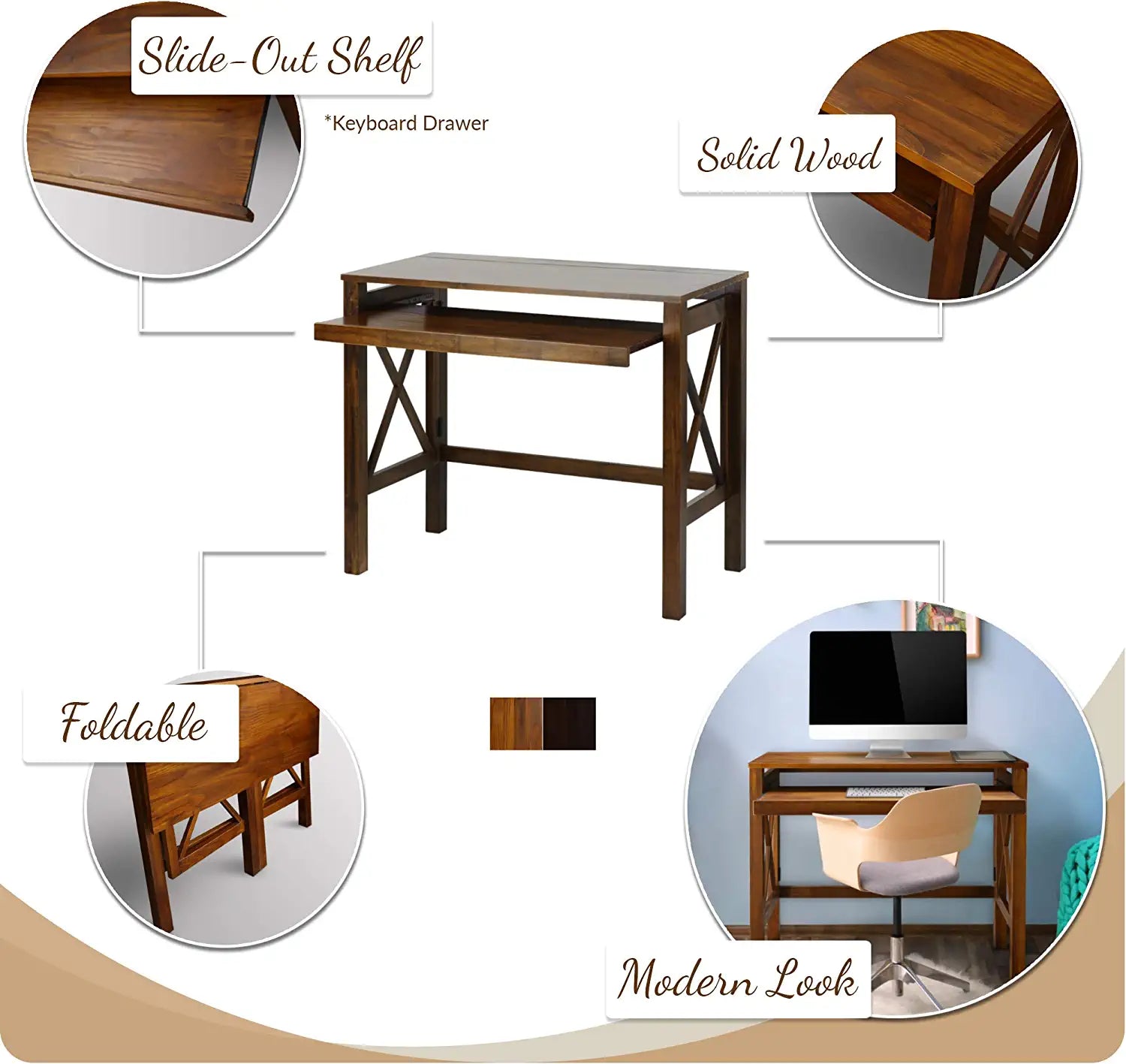 Casual Home Montego Folding Desk with Pull-Out Tray-Espresso