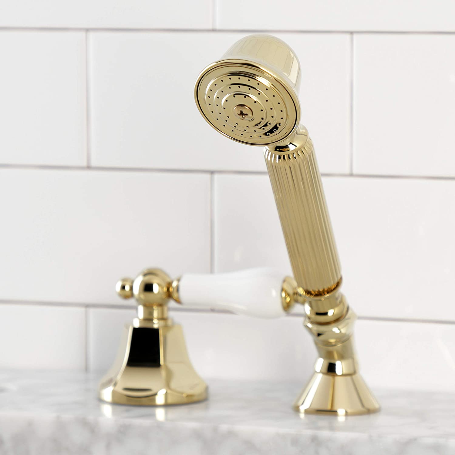 Kingston Brass KSK4302PLTR Deck Mount Hand Shower with Diverter for Roman Tub Faucet, Polished Brass