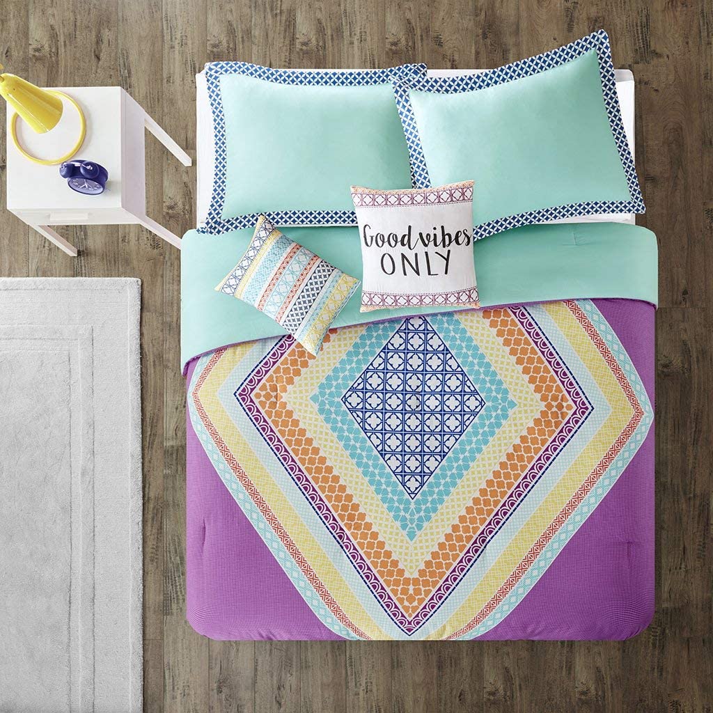 Intelligent Design Lani Comforter Set Full/Queen Size - Purple, Aqua, Geometric Diamond ‚Äì 5 Piece Bed Sets ‚Äì Ultra Soft Microfiber Teen Bedding for Girls Bedroom