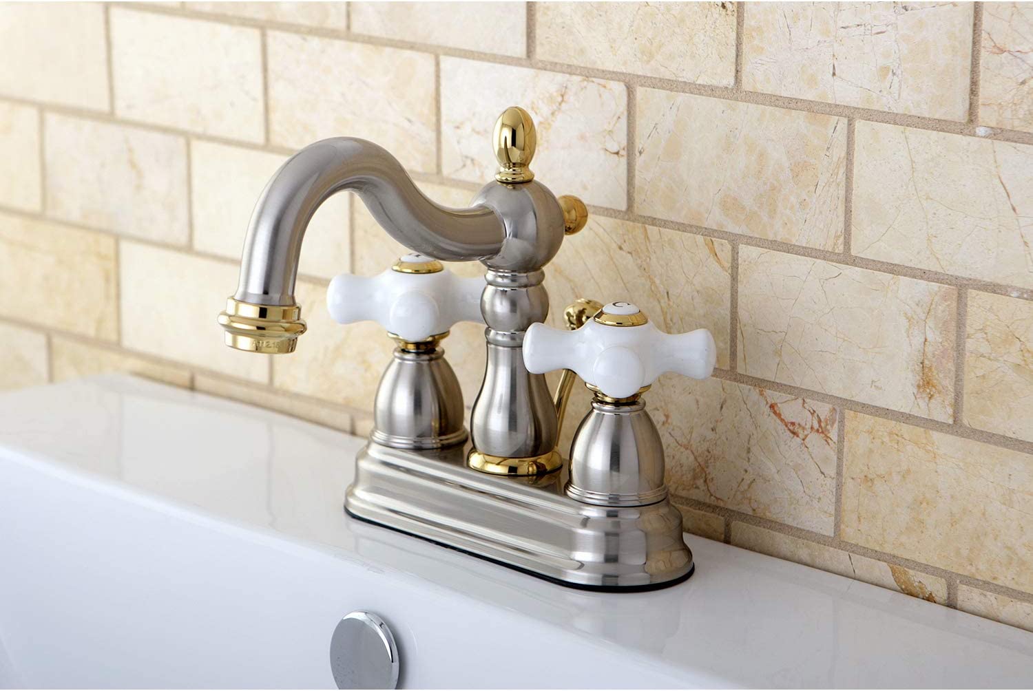 Kingston Brass KB1604PX Heritage 4-Inch Centerset Lavatory Faucet with Porcelain Cross Handle, Polished Chrome and Polished Brass