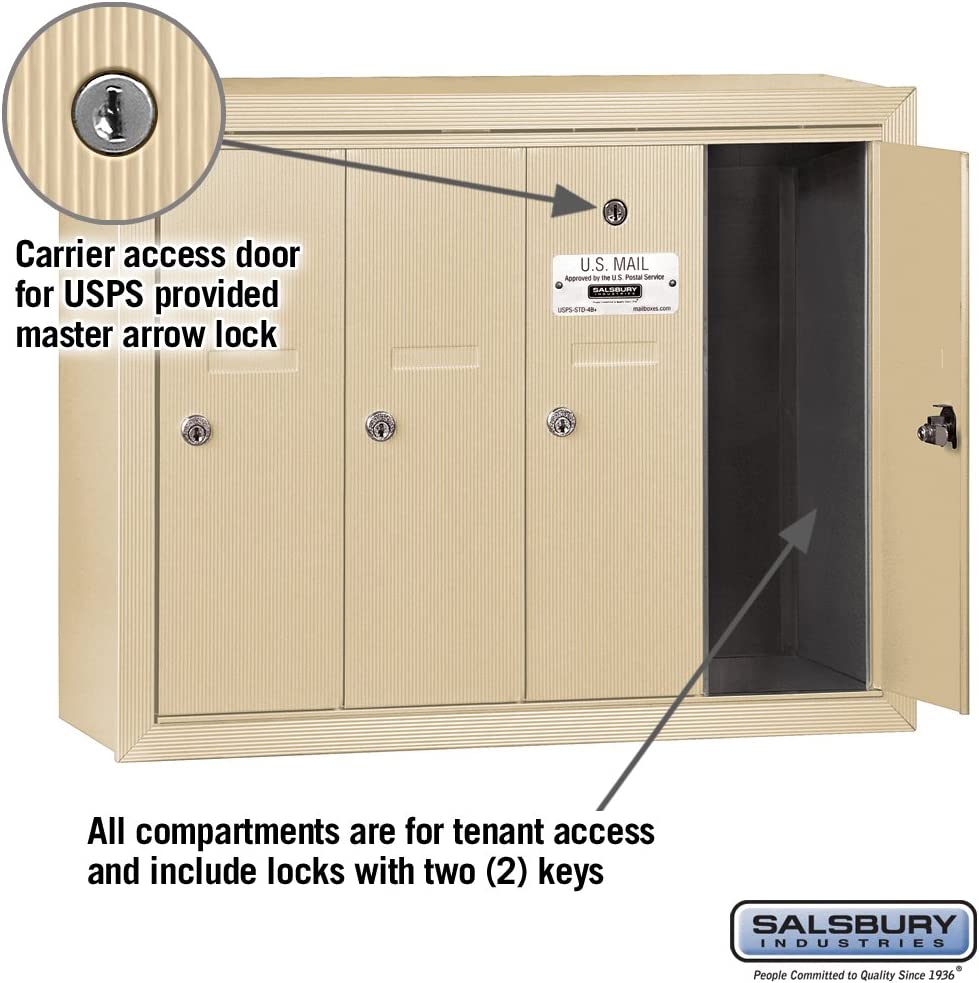 Salsbury Vertical Mailbox - 4 Doors - Sandstone - Surface Mounted - USPS Access