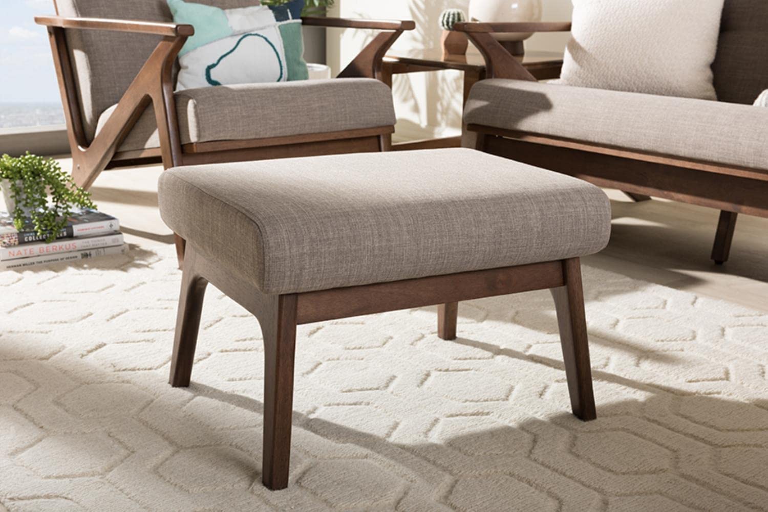 Baxton Studio Bianca Mid-Century Wood Ottoman/Mid-Century/Fabric Polyester 100%&#34;/Rubber Wood/Light Grey/Walnut Brown