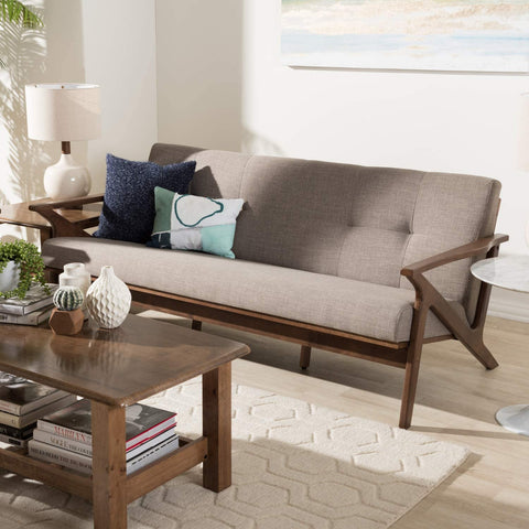 Baxton Studio Bianca 3-Seater Sofa/Mid-Century/Fabric Polyester 100%&#34;/Rubber Wood/Light Grey/Walnut Brown