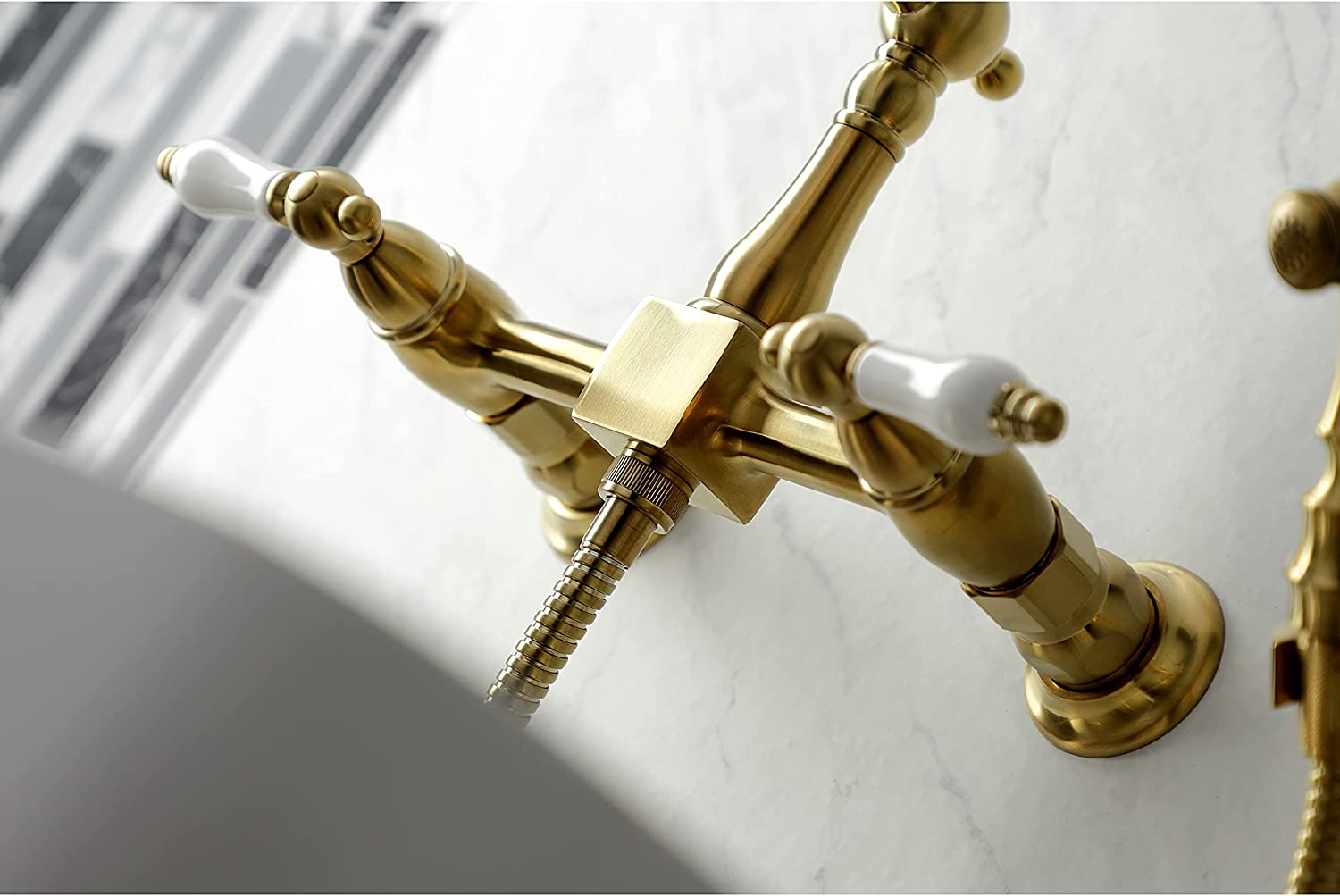 Kingston Brass KS1267PLBS Heritage 8-Inch Centerset Wall Mount Kitchen Faucet with Brass Sprayer, Brushed Brass