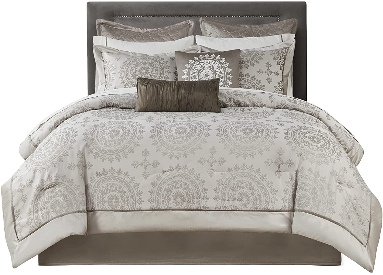 12 Piece Complete Bed Set1 Comforter:106x92 2 Dec Pillows:18x18/6.5x18 1 Fitted Sheet:78x80+14 1 Bedskirt:78x80+15 1 Flat Sheet:110x102 2 King Shams:20x36+2(2) 2 Euro Shams:26x26(2) 2 Pillowcases:20x40(2)TaupeMP10-119