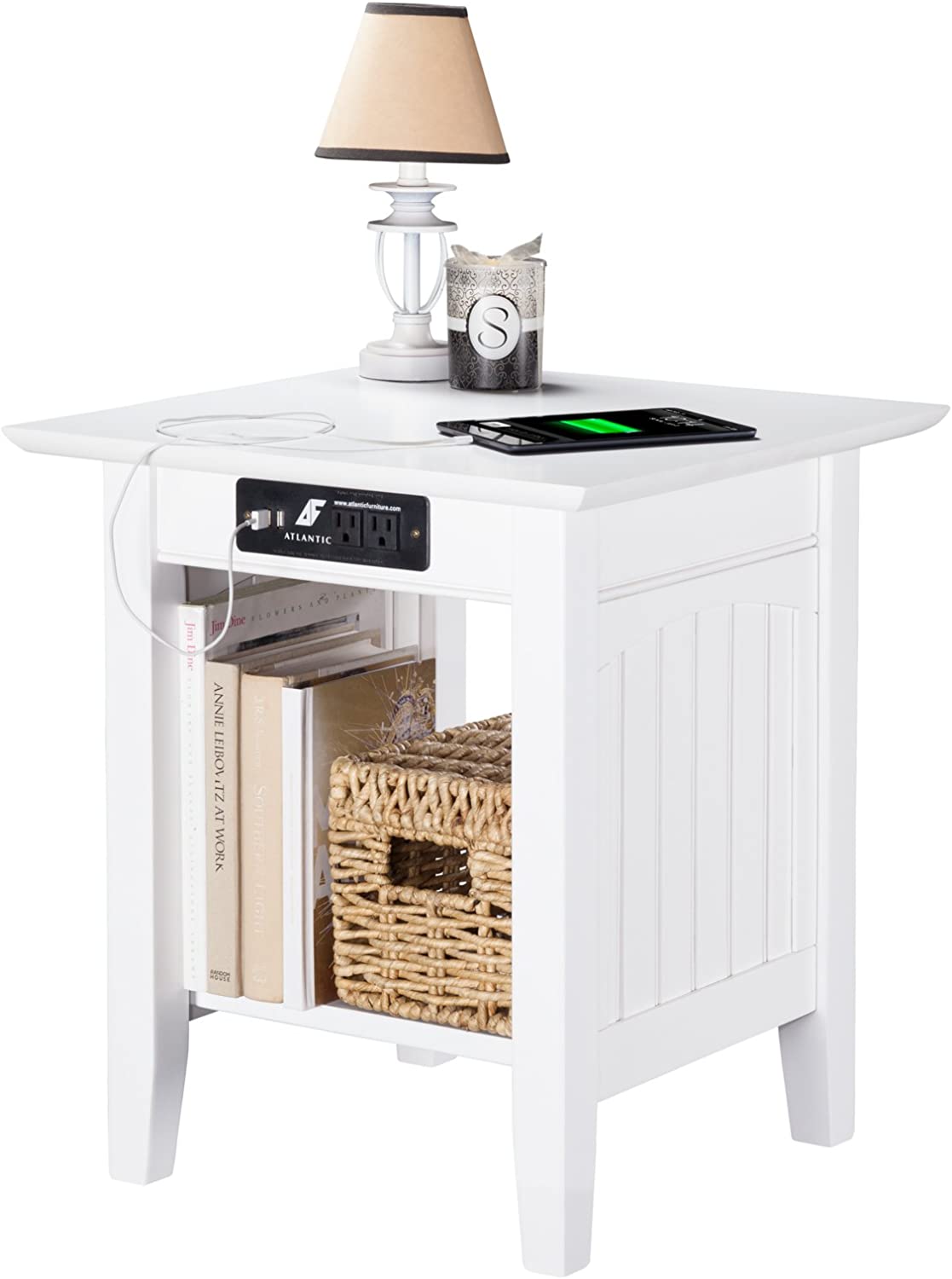 AFI Nantucket End Table with Charging Station, 20&#34; x 20&#34;, White