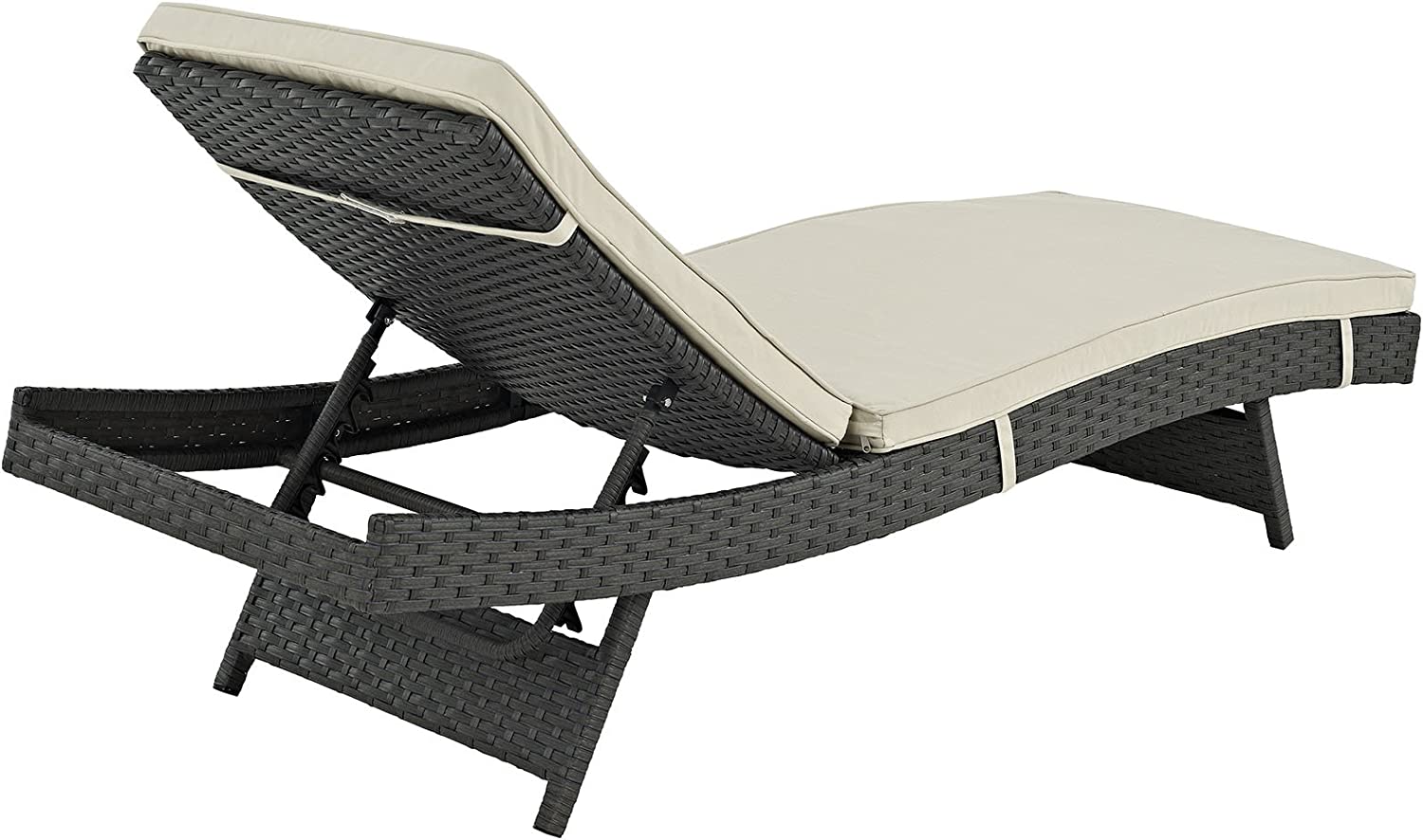 Modway Sojourn Wicker Rattan Outdoor Patio Sunbrella Fabric Chaise Lounge in Antique Canvas Beige